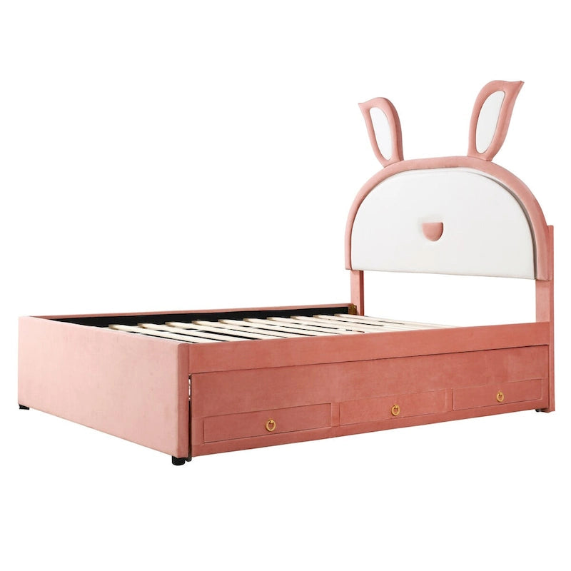 Pink Full Upholstered Platform Bed with Trundle, 3 Drawers, and LED Rabbit Headboard