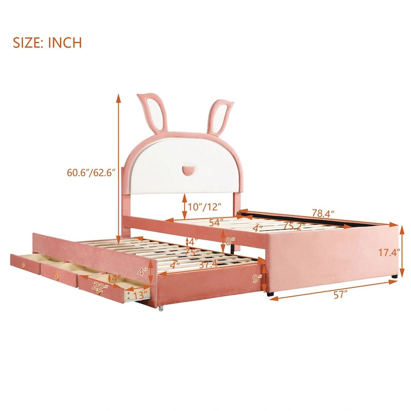 Pink Full Upholstered Platform Bed with Trundle, 3 Drawers, and LED Rabbit Headboard