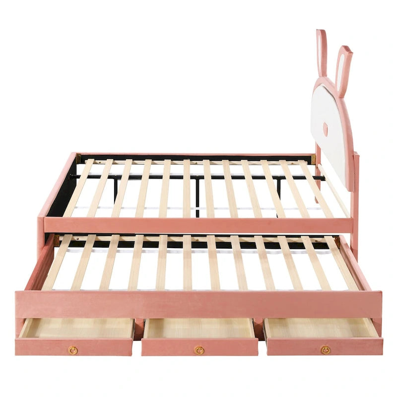 Pink Full Upholstered Platform Bed with Trundle, 3 Drawers, and LED Rabbit Headboard