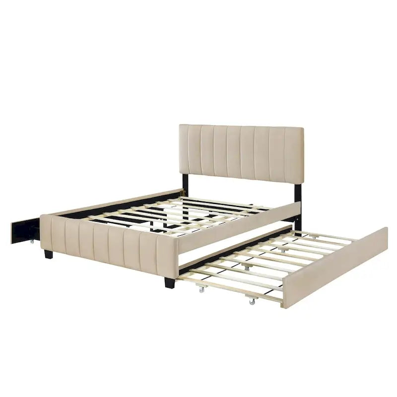 Queen Size Velvet Upholstered Platform Bed with 2 Drawers and 1 Twin XL Trundle