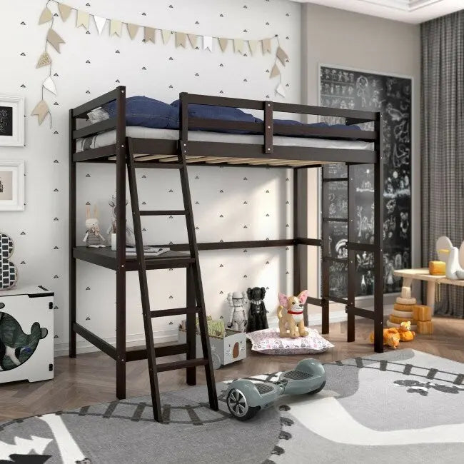 Twin Size Loft Bed Frame with Desk Angled and Built-in Ladder