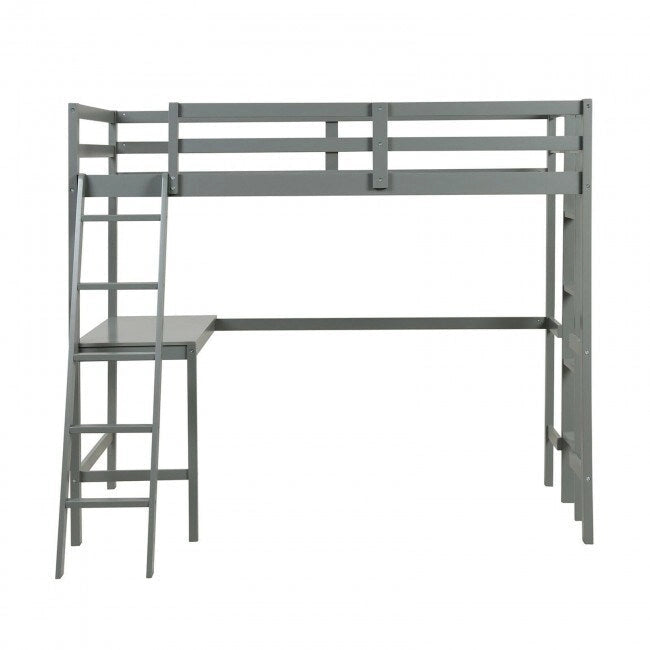 Twin Size Loft Bed Frame with Desk Angled and Built-in Ladder